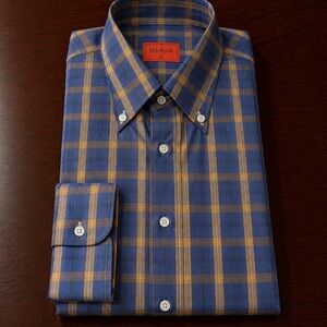 ISAIA Blue and Tan Plaid Button-Down Shirt